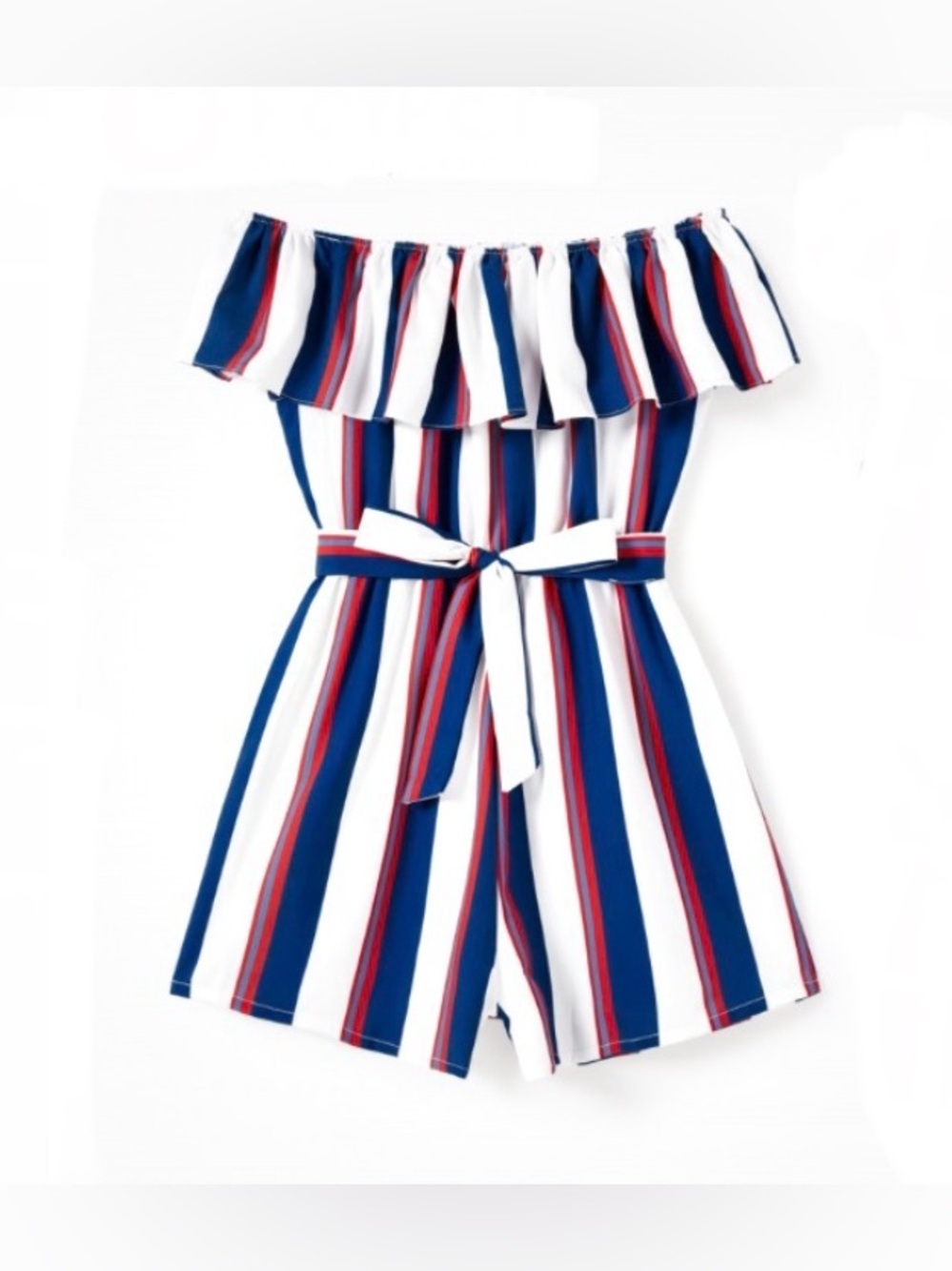 Patpat Women Navy, White & Red Striped Off-Shoulder Romper, Size M